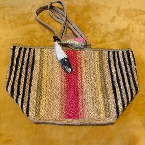 NWT Woven Straw Stripe Crossbody Bag with Pink Accent